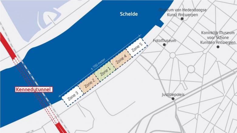 Kaart project Scheldekaaien Nieuw-Zuid zones