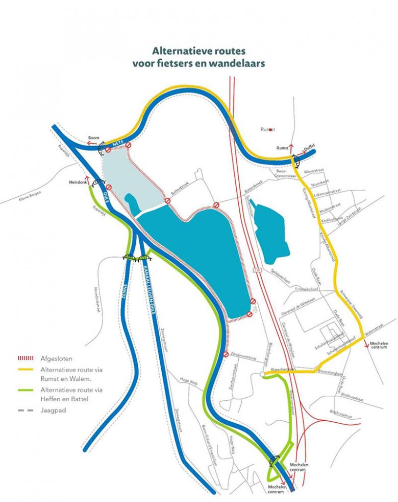 Kaart alternatieve route voor fietsers en wandelaars