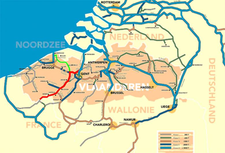 Tracé van Seine Schelde (rood) en Seine Schelde West (groen)